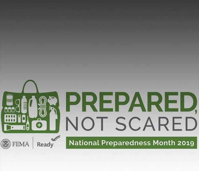gray background with emergency item icons and wording of “PREPARED NOT SCARED”